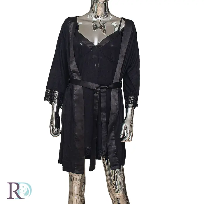 Дамска нощница с халат Симона черно - 2182 - Дамска нощница с халат Симона черно - 2182